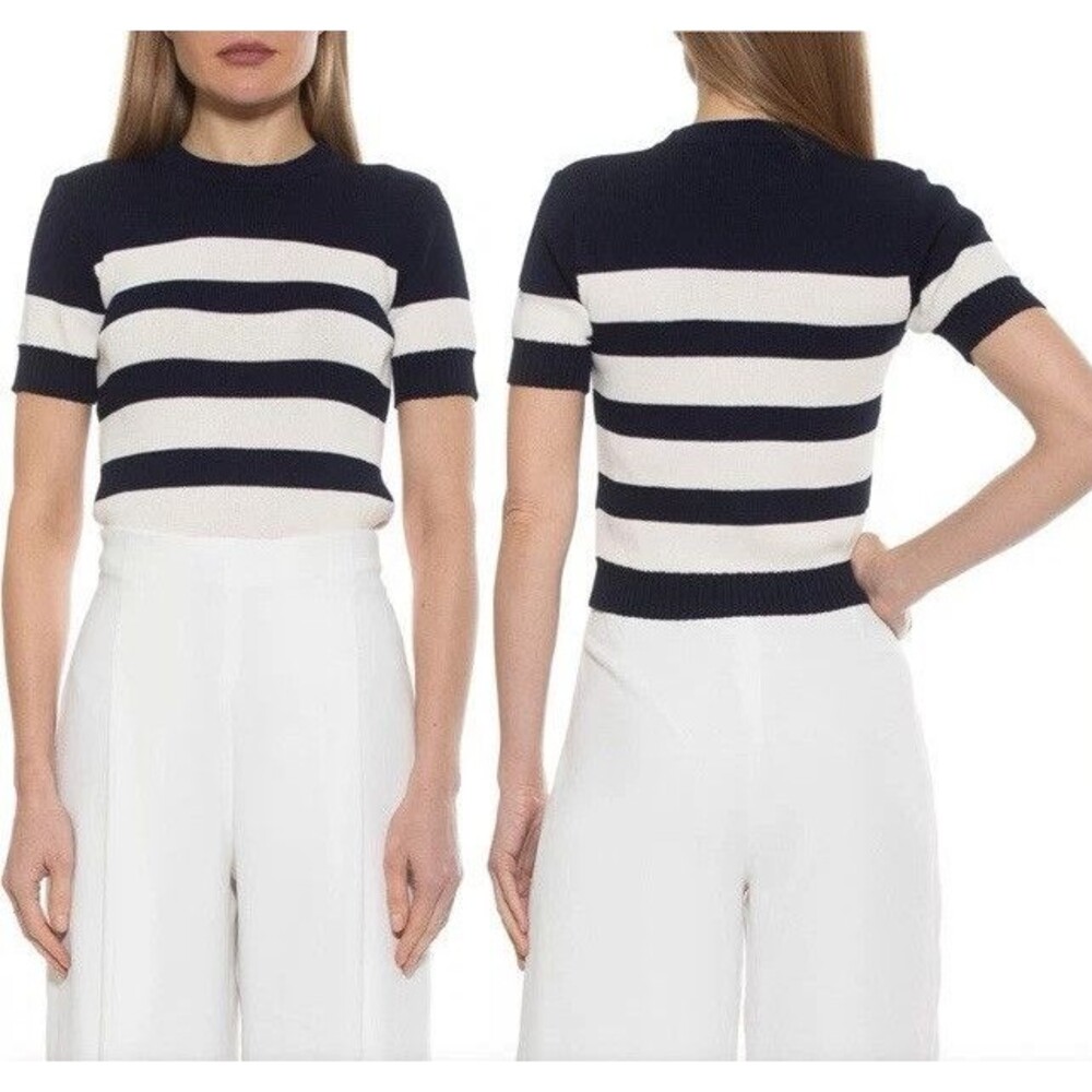 Alexia Admor SAYLOR Short Sleeve Sweater Knit Top Striped Viscose Women Medium
